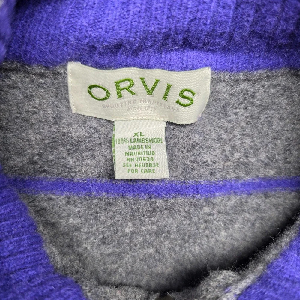 Orvis Mens XL Lambswool Sweater Quarter Zip Gray Purple Striped Outdoor Preppy
